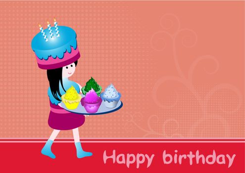 Birthday greeting card with girl and big cupcake