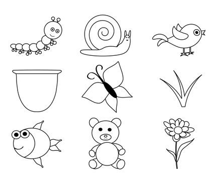 Vector set of outlined cartoon animals and insects