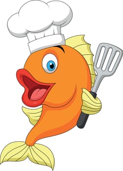 Vector illustration of Cute chef fish cartoon holding spatula