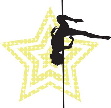Pole dancer woman on star background. Vector silhouette