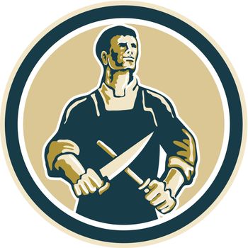 Illustration of a butcher cutter worker sharpening knife set inside circle on isolated background done in retro style. 
