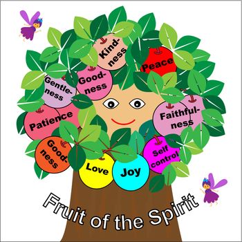 Word Fruits of the Spirit with tree and fairy