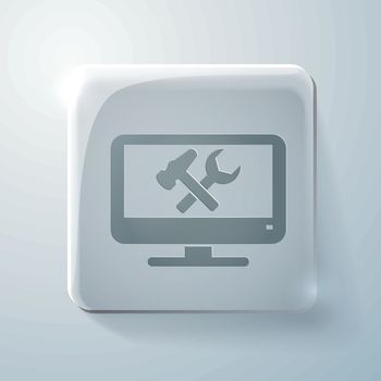 Glass square icon with highlights. monitor with symbol symbol settings. hammer and wrench