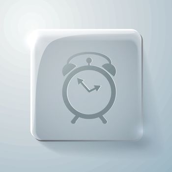alarm clock sign. Glass square icon with highlights