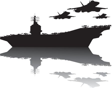 Aircraft carrier and flying aircrafts detailed silhouettes. Vector EPS10