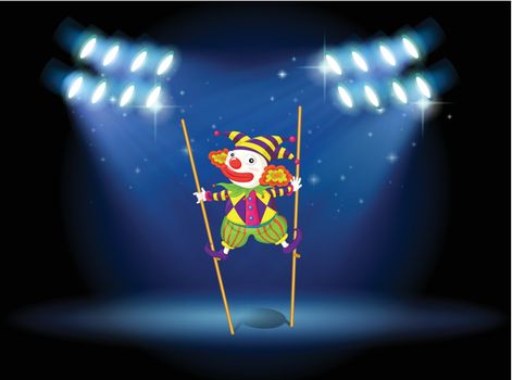 Illustration of a clown doing a trick at the stage
