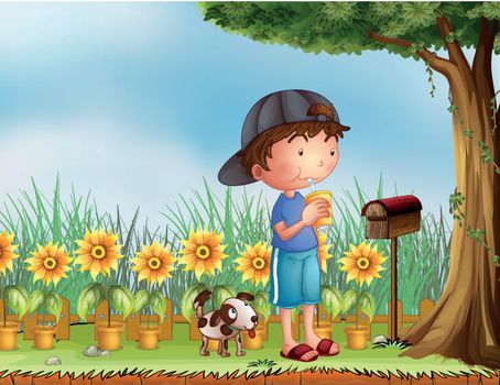 Illustration of a boy and a dog in a beautiful nature