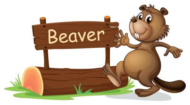 Illustration of a beaver beside a wooden signage on a white background