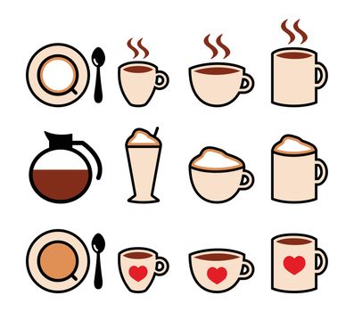 Coffee icons set isolated on white - coffee beans, mug, cup, types of coffee