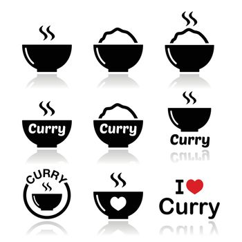 Vector icons set of curry, take-away or restaurant meal isolated on white