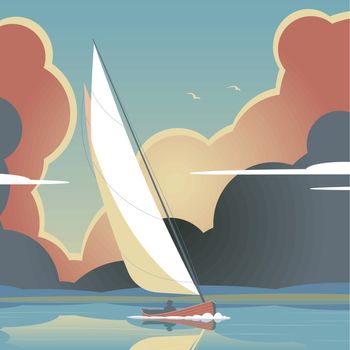 Editable vector illustration of a man sailing a yacht on calm water         