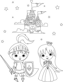 Coloring page of young knight and cute princess against the backdrop of the castle