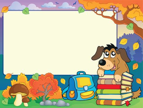 Autumn frame with dog and books - eps10 vector illustration.