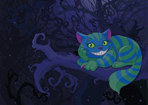 Illustration of Cheshire cat sitting on a branch on the fairy forest background