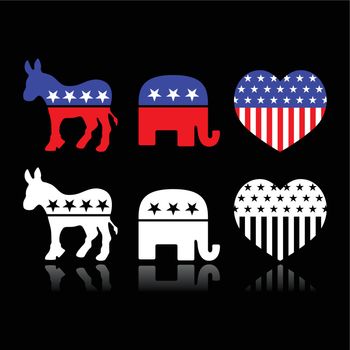 American politics - Democratic donkey and Republican elephant symbols isolated on black background