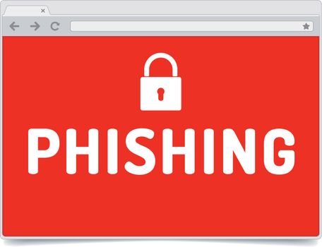Phishing alert on opened internet browser window with shadow. Isolated browser template.