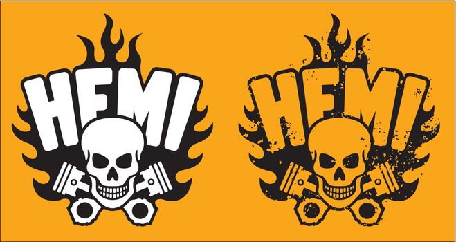 Vector illustration of skull and crossed pistons with flames and the word HEMI.
Includes clean and grunge versions.