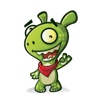 Cute cartoon green monster wearing a bandana wrapped around his neck waving a friendly and pleasant expression