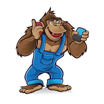 Cartoon gorilla wearing a mechanic was talking by cell phone with one hand and the other was writing a message