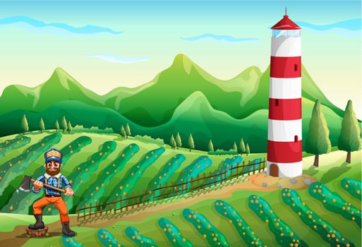 Illustration of a farm with a tower and a lumberjack