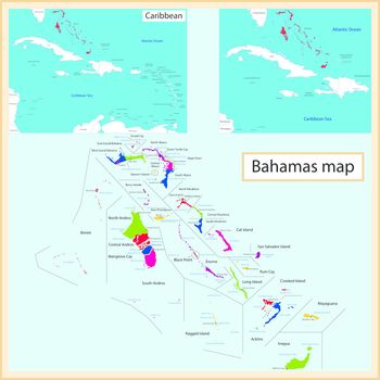 Map of the Commonwealth of the Bahamas drawn with high detail and accuracy. The Bahamas is divided into providence which are colored with different bright colors