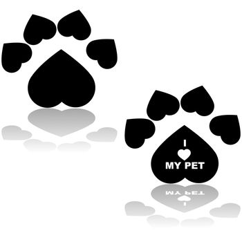 Concept illustration showing an animal paw shaped like a heart with the message I love my pet inside one of them