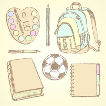 School backpack, watercolors, pen, pencil, football ball, book and notebook


