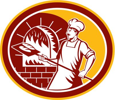 Illustration of a baker holding a peel with bread into a brick oven viewed from side set inside oval on isolated background done in retro style.