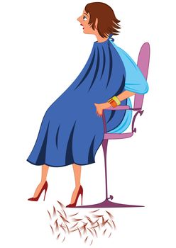 Illustration of cartoon female character isolated on white. Cartoon  woman in blue robe with new haircut.





