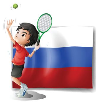 Illustration of a boy playing tennis in front of the Russian Federation flag on a white background