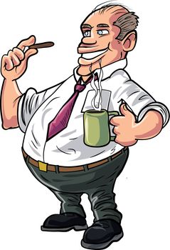 Cartoon office worker having a coffee break with a biscuit