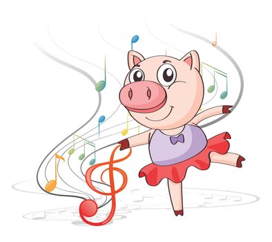 Illustration of a pig dancing with musical notes on a white background