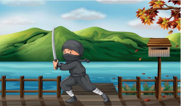 Illustration of a gray ninja with a sharp sword near the wooden mailbox