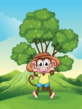 Illustration of a playful monkey at the hilltop near the tree