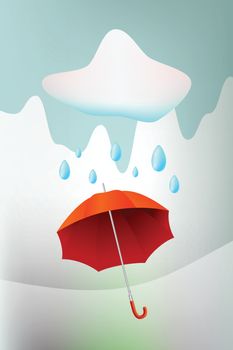 Red umbrella with rain drops, autumn season abstract background.