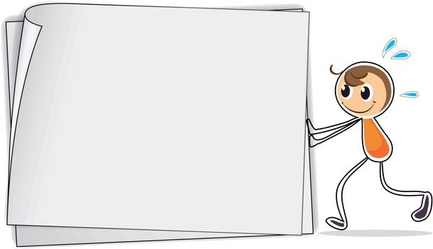 Illustration of a boy pushing a big blank paper on a white background