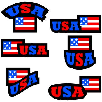 Collection of buttons and badges featuring a stylized American flag paired with the word USA