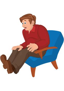 Illustration of cartoon male character isolated on white. Cartoon man in red top and brown pants sitting in armchair.
