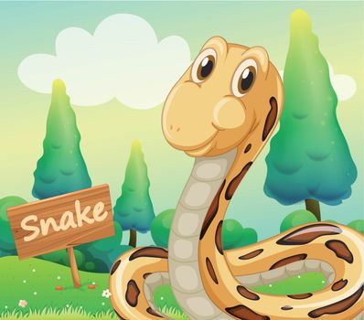 Illustration of a snake beside a wooden signage