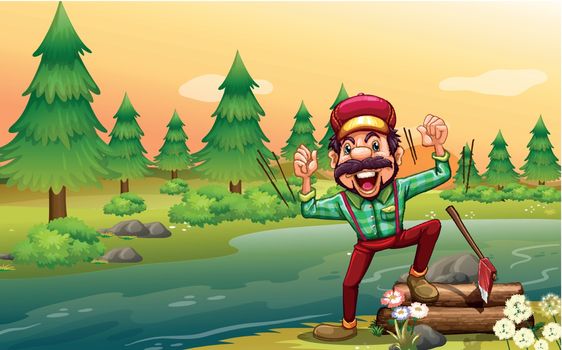 Illustration of a happy lumberjack at the riverbank