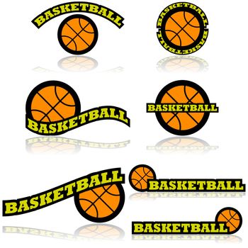 Icon set showing a basketball combined with different representations of the word basketball