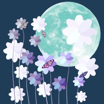  Butterfly and purple flower with big full moon on blue background