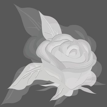 Gray silhouette of rose with leaves. Vector illustration.