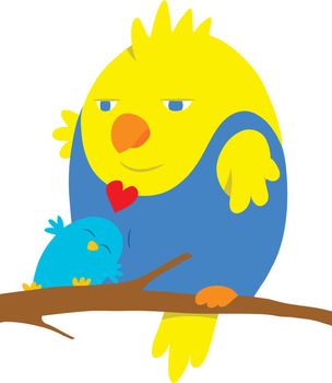 Two cartoon birds in love, one large yellow and blue bird with a cute little turquoise bird snuggling up at its feet with a romantic red symbolic heart, vector illustration on white