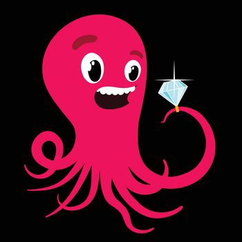 Cute pink cartoon octopus with a sparkling diamond ring attached to a tentacle looking at it with a toothy smile, vector illustration on black