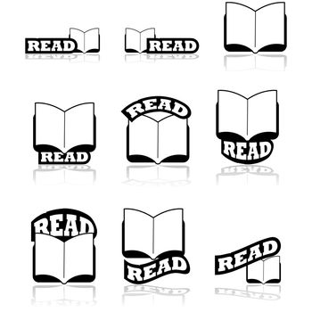 Icon set showing an open book combined with different variations of the word read