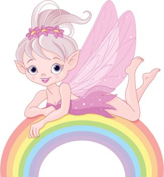 Illustration of beautiful pixie fairy lies on rainbow
