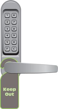 Door handle with combination lock and signboard Keep Out. Vector illustration.