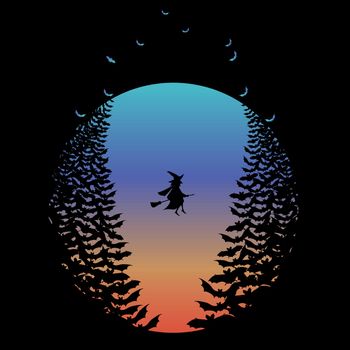 Halloween moon with flying witch and bats, negative space vector illustration
