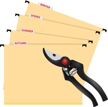 Folder to store information gardener and scissors for trimming. Vector illustration.